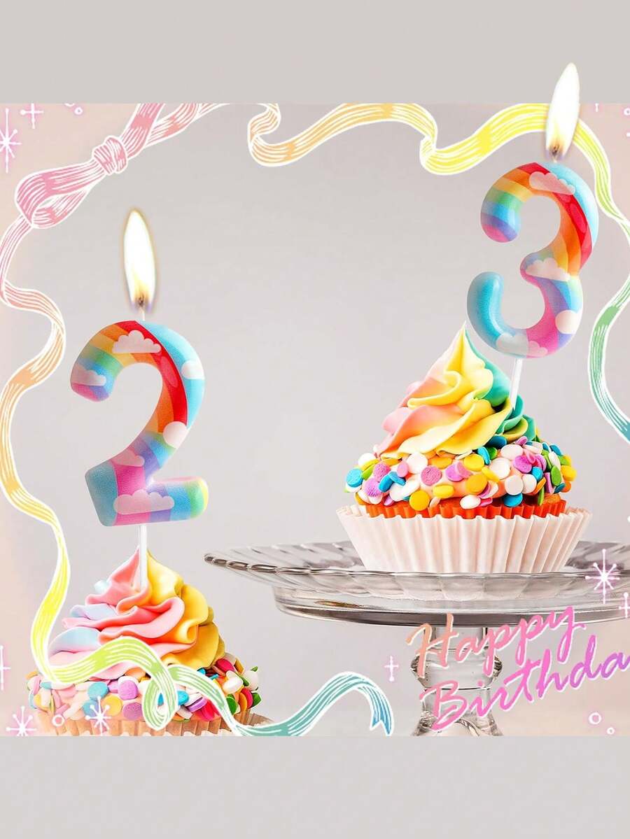彩虹云朵主题0-9数字生日派对蛋糕装饰蜡烛 - 彩色 - 查看 1
