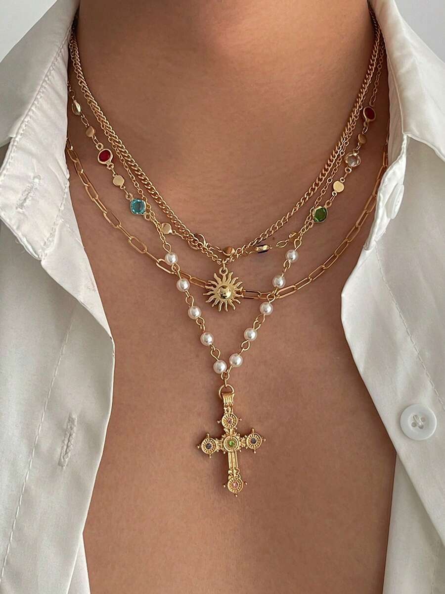 4 Pieces Colorful Gemstone Pearl Sun Cross Gorgeous Fashion Metal Silver Women's Necklace Set, Suitable For Banquet Dance Party Concert Match Daily Clothing Accessories - 銀色 - 查看 1