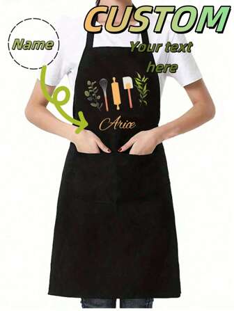 ผ้ากันเปื้อนแบบกำหนดเองพร้อมพิมพ์ชื่อ, ผ้ากันเปื้อนสีดำพร้อมพิมพ์ลายเครื่องครัว (ที่ตีไข่, ไม้นวดแป้ง, ที่ขูด) และลายต้นไม้สีเขียว, สไตล์ใช้งานได้จริงพร้อมคุณสมบัติธีมการทำอาหาร, เหมาะสำหรับองค์กรประจำวันและฉากพกพาสำหรับการเดินทาง เหมาะสำหรับใช้ในชีวิตประจำวัน, มีสไตล์และสวยงาม, แข็งแรงและทนทาน, การเดินทาง, การเดินทางเพื่อธุรกิจ, ของขวัญ, ครอบครัว, เพื่อน, คู่รัก, ของขวัญวันเกิด, คริสต์มาส