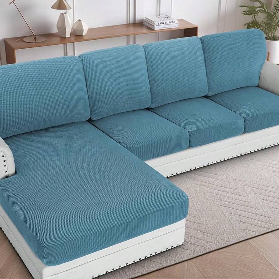 2025 New Sectional Couch Covers 8 Pieces Stretch Sofa Covers Sectional Sofa Set Separate L Shaped Couch Cover Both Left/Right Couch (And Back: 1 Chaise + 3 Sofa, Ivory), Modern Comfortable Sofa Covers - Storm Blue - 查看 1