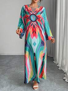 1 件女式传统阿拉伯长裙，圆领开叉 V 领宽松喇叭袖菱形印花休闲连衣裙，优雅奢华节日派对晚礼服 - 綠色 - 查看 1