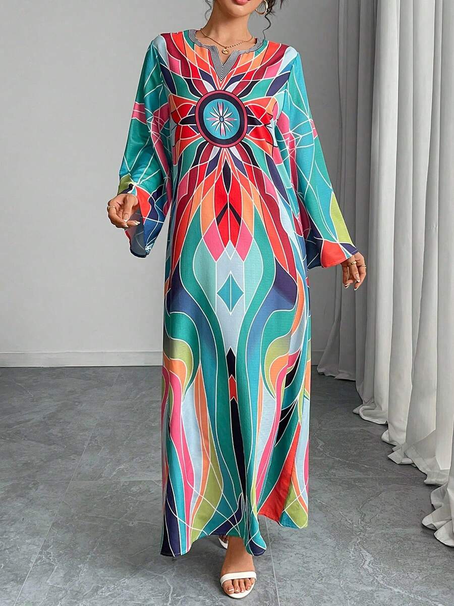 1 件女式传统阿拉伯长裙，圆领开叉 V 领宽松喇叭袖菱形印花休闲连衣裙，优雅奢华节日派对晚礼服 - 綠色 - 查看 1