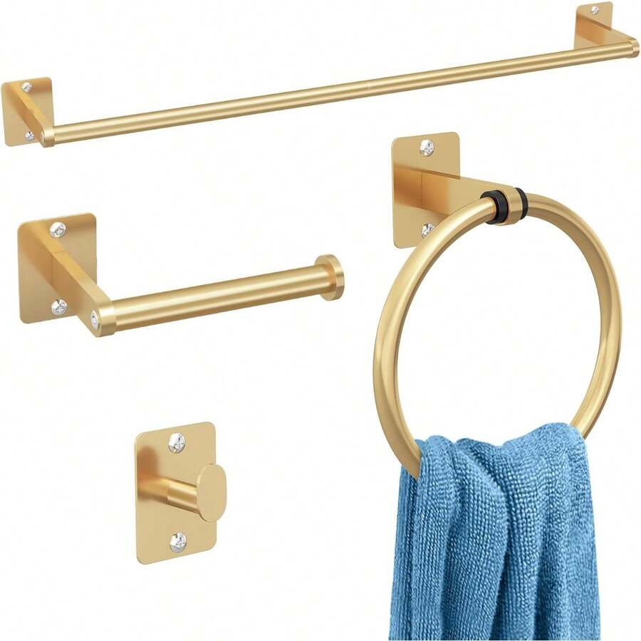 Matte Black Bathroom Accessories Set, KLJKPA 4 Pieces Bathroom Hardware Set, 24 Inch Towel Bar, Towel Racks For Bathroom, Robe Towel Hooks, Toilet Paper Holder Wall Mounted - Gold - View 1