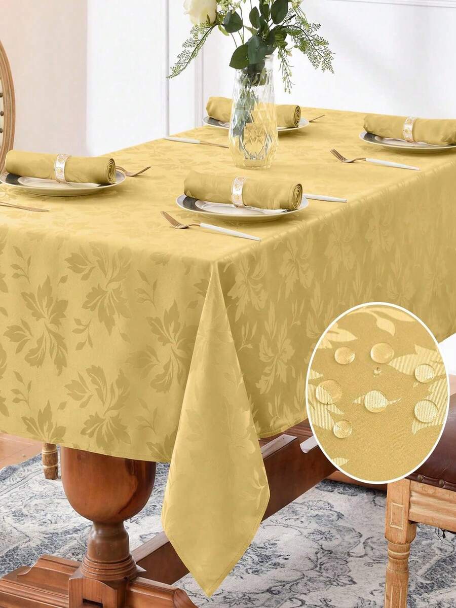 1pc Water-Resistant, Splash-Proof Jacquard Rectangular Tablecloth With Fallen Leaves Pattern, Thick Fabric Tablecloth Suitable For Dinner, Party, Holiday - Yellow - View 1