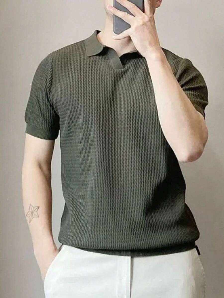 Men's Summer Solid Color Knitted Shirt - Màu xanh lá cây đậm - Xem 1