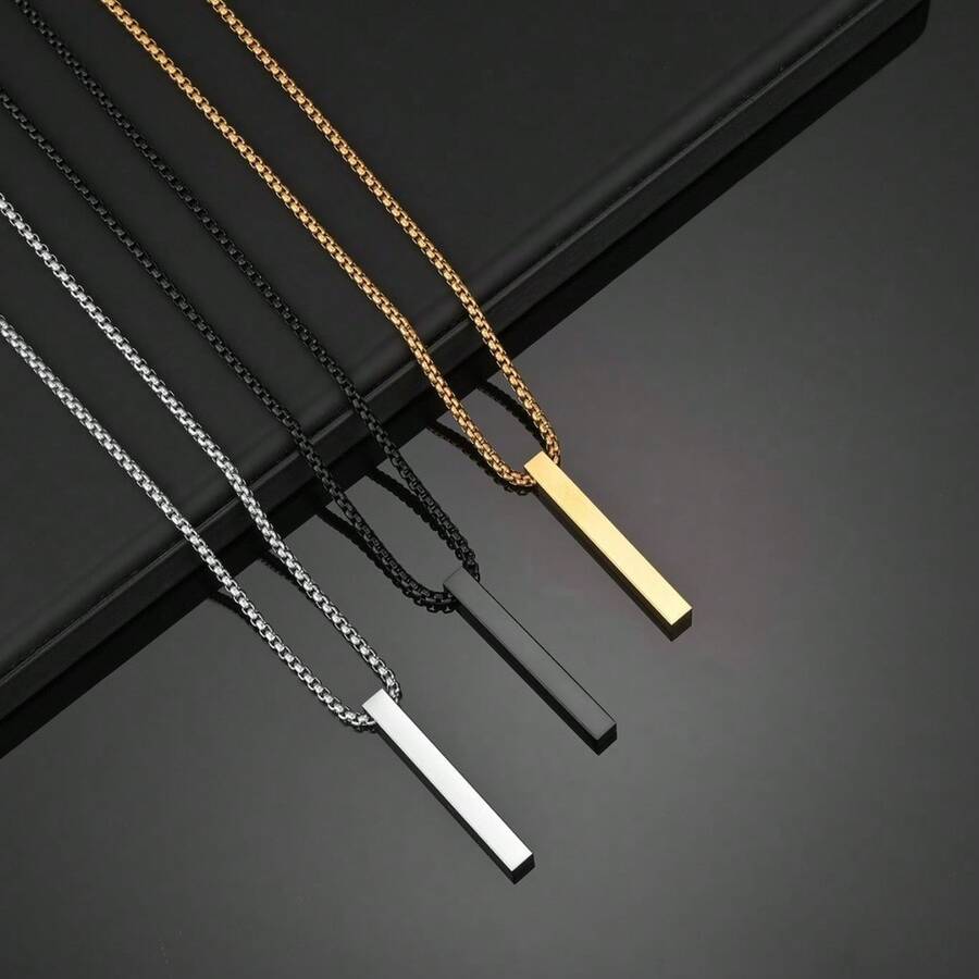 Corrente Colar Masculino Aço Inoxidável 70cm + Pingente Retangulo Dourado/Prata/Preto - Prata - Visão 1