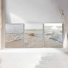 Set de 3 tablouri pe pânză cu peisaj marin bej boho, poster cu ocean, artă modernă, imprimeu cu apus de soare pe plajă, decor de perete cu peisaj natural, cadou ideal pentru dormitor, living, hol, neînrămat
