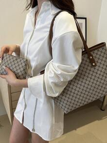 Bolso clásico y elegante tipo tote con billetera larga, bolso de mujer con textura elegante, regalo del Día de San Valentín - Caqui - Ver 3