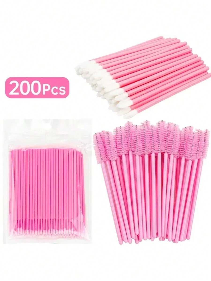 200 Kosmetiksets, 50 axiale rosa Wimperntusche Pinsel, 50 Lippenpinsel, 100 Mini Wattestäbchen, rosa Augen schwarze Wattestäbchen, Lippenpinsel, Kosmetikwerkzeuge
