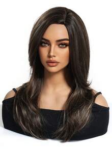 优雅耐热合成假发，20英寸长，棕色渐变卷发，无刘海，适合女性日常、婚礼、聚会和角色扮演等场合。 - 漸層棕色 - 查看 5