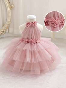 Baby Girls' Elegant Fuchsia Sleeveless Floral 3D Mesh Princess Dress, Adorable Party Gown Suitable For Girl's 1st Birthday, Wedding, Banquet, Holiday, Festival Celebration