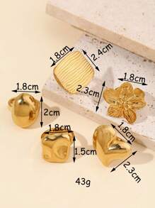 5pcs Stainless Steel Fashionable Exaggerated Golden Flower Heart And Other Shapes Ring Set, Suitable For Ladies To Wear Daily Or Give As Gifts