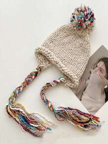 1pc Women's Winter Handmade Tassel Knit Hat, Autumn & Winter Warm Ear Protection Fashionable Beanie, Suitable For Daily Wear, Shopping And Skiing