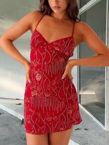 Womens Sequin Mini Dress Y2k Sparkly Floral Spaghetti Strap V Neck Bodycon Short Dress Sexy Backless Pearl Embellished Glitter Rhinestone Going Out Cami Dress Cocktail Party Club Streetwear - 紅色 - 查看 1