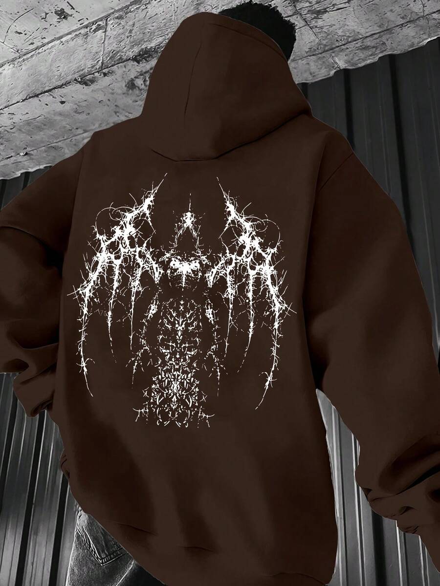 250g Hoodie/1pc Hoodie/100% Polyester, Retro Funny Wings Graphic Print Hoodie With Pockets, Men's Casual Long Sleeve Drawstring, Autumn And Winter