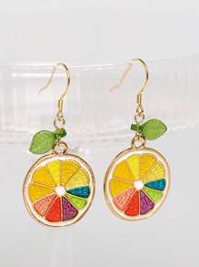 2 Pcs Summer Cute Original Colorful Alloy Lemon Slices Dangle Earrings For Women Daily Wear