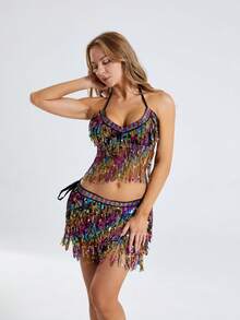 彩色亮片流苏胸衣上衣和腰链套装 - 肚皮舞舞台表演和夜店派对 - 彩色 - 查看 18