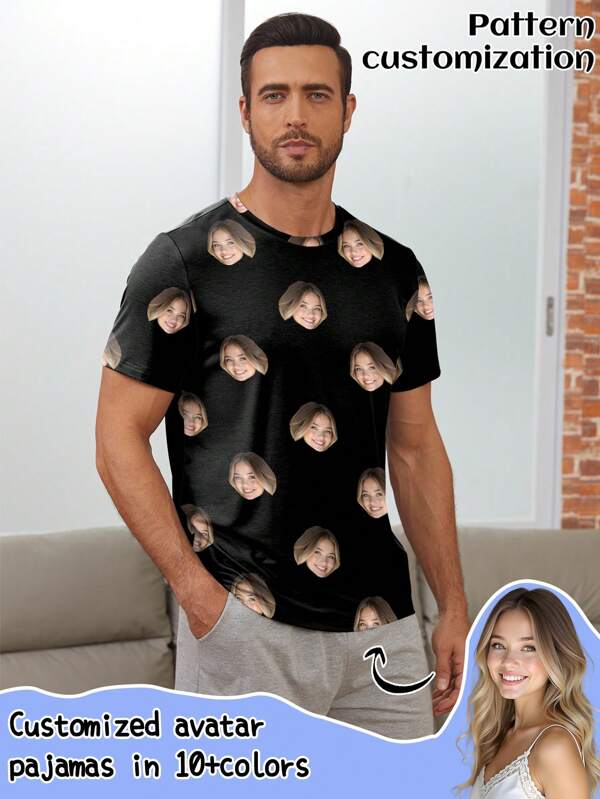 Custom Men's Pajama T-Shirt, Portrait Printed Knit Fabric Men's Sleepwear, Holiday Gifts, All Seasons