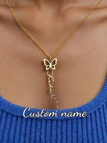 Customized Cute Butterfly Name Necklace For Women, Stainless Steel Butterfly Pendant Necklace With Personalized Vertical Cursive Letter, Handmade Jewelry Gift For Girlfriend, Birthday, Holiday - Gold - View 1