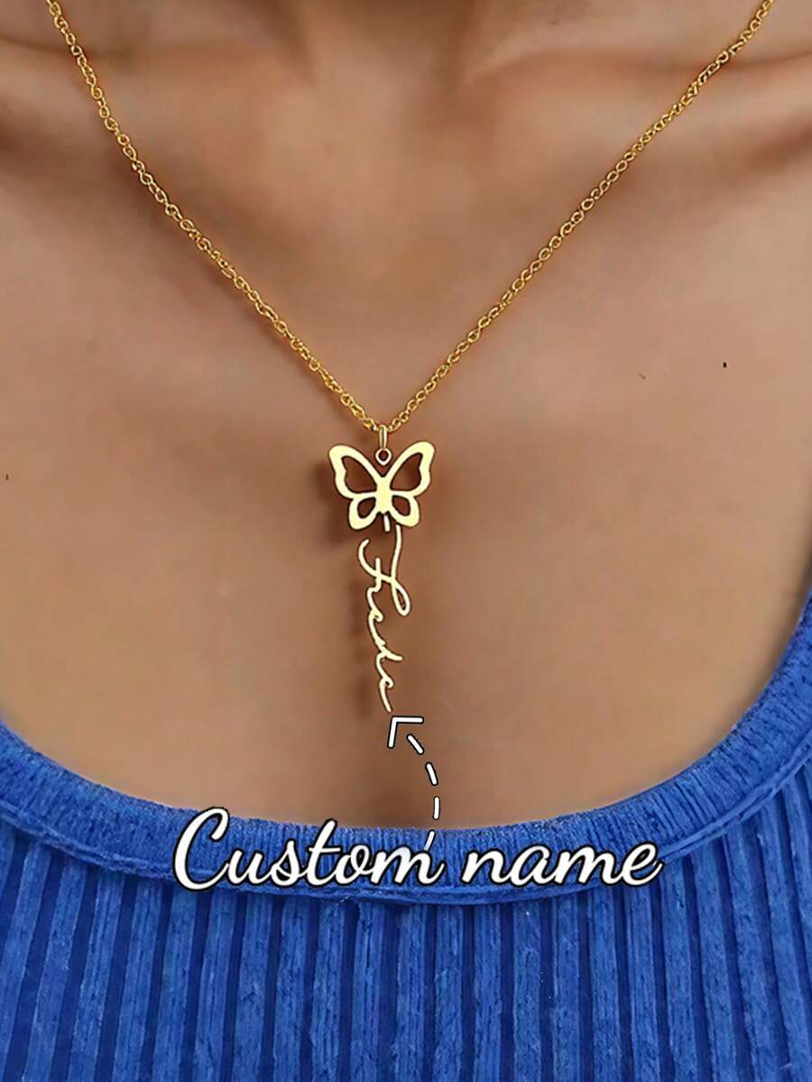 Customized Cute Butterfly Name Necklace For Women, Stainless Steel Butterfly Pendant Necklace With Personalized Vertical Cursive Letter, Handmade Jewelry Gift For Girlfriend, Birthday, Holiday - Gold - View 1