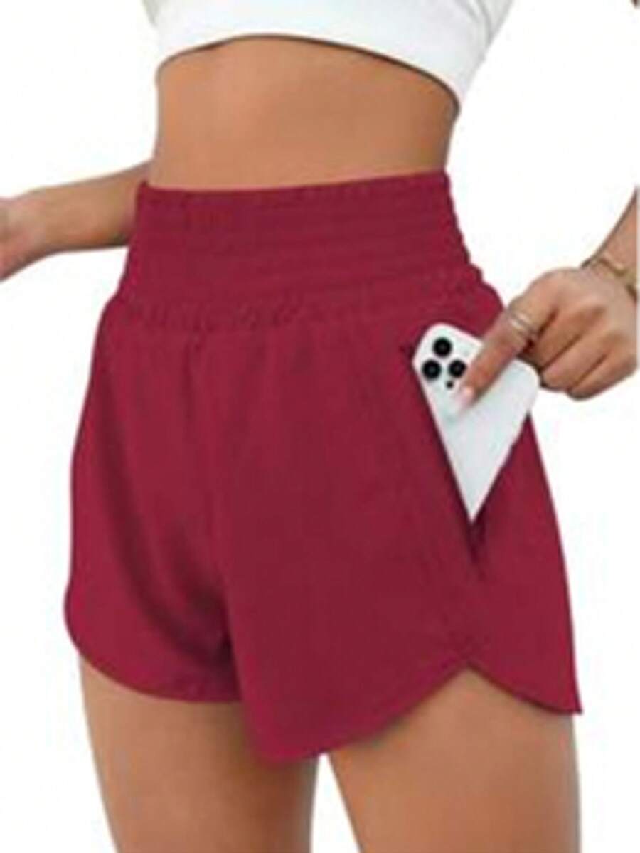 Women'S Athletic Running Shorts, Workout Gym, Elastic Waist Quick Dry Sports Shorts, High Waisted Yoga Workout Shorts With Mesh Liner Zipper Pockets - 酒紅色 - 查看 1