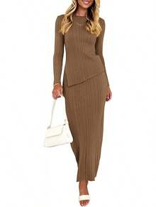 Women 2 Piece Outfits Long Sleeve Asymmetric Slit Hem Tops Midi Bodycon Skirt Sets Lounge Knit Sweater Set