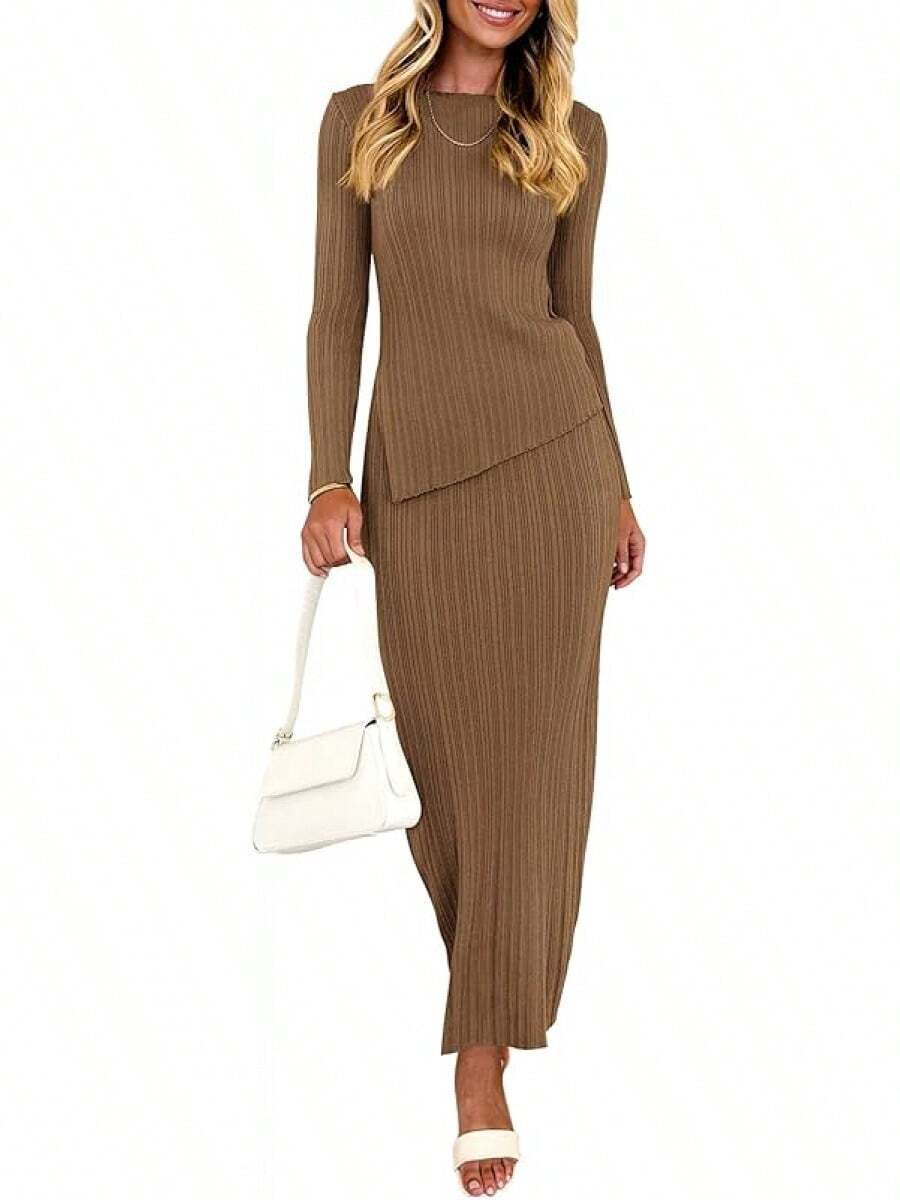 Women 2 Piece Outfits Long Sleeve Asymmetric Slit Hem Tops Midi Bodycon Skirt Sets Lounge Knit Sweater Set