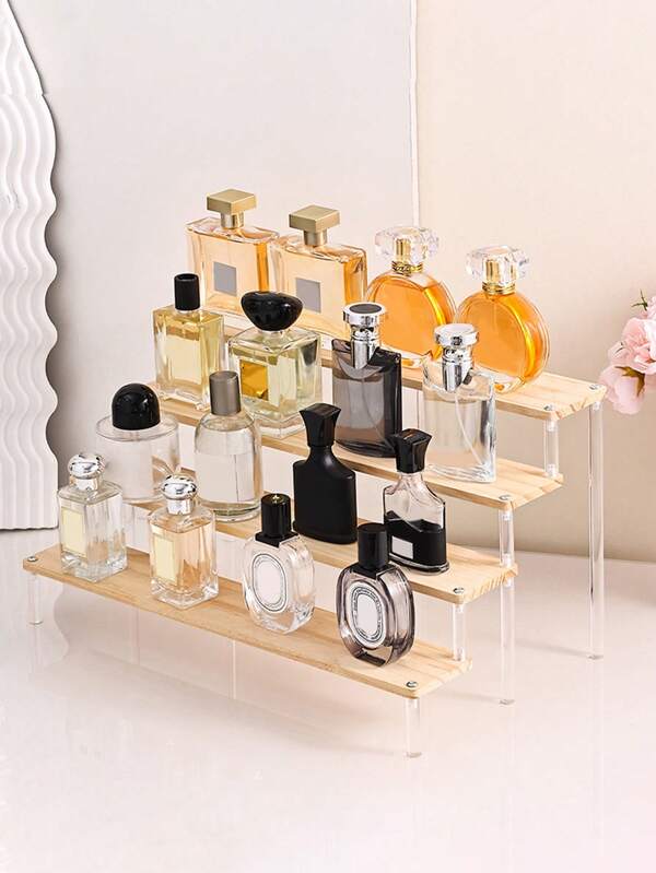 1pc Multi-Tier Makeup Display Stand, Wooden Perfume Storage Rack, Figurine & Craft Display Shelf, Stepped Jewelry Rack, Action Figure Stand And Storage Box, Detachable Divider Durable Plastic Organizer Box For Statuettes, Jewelry, Nail Polish, Glasses - Multifunctional Desktop Storage Shelf For Crafts Exhibition And Home Decor, Small Shelving Unit, Clear View Design, Easy To Clean Materials