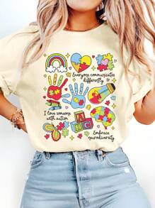 DEAR MOLLY Plus Size Casual Round Neck Short Sleeve T-Shirt With Healing Graffiti Cartoon Print, Suitable For Daily Wear And Holiday Gifts