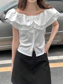 Áo cánh ngắn tay bèo nhún cổ Peter Pan ngọt ngào cho nữ, dáng ôm tôn dáng, hàng mới về mùa hè - trắng - Xem 4