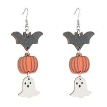 1 coppia di orecchini in legno per donne in stile Ognissanti, con design divertente di zucca, fantasma e pipistrello, a forma di goccia forata a pendente