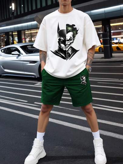 Warner Bros Warner Bros Men's Joker & Batman Graphic Printed Casual Short Sleeve T-Shirt & Pants 2 Pieces Outfit, Summer