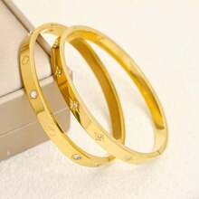 2 Pcs/Set Luxury Fashion Bracelet Set, New Stainless Steel Zirconia Women Bracelet, Octagram Diamond Bracelet, Suitable For Daily Wear Or Gift For Women - Yellow Gold - View 1