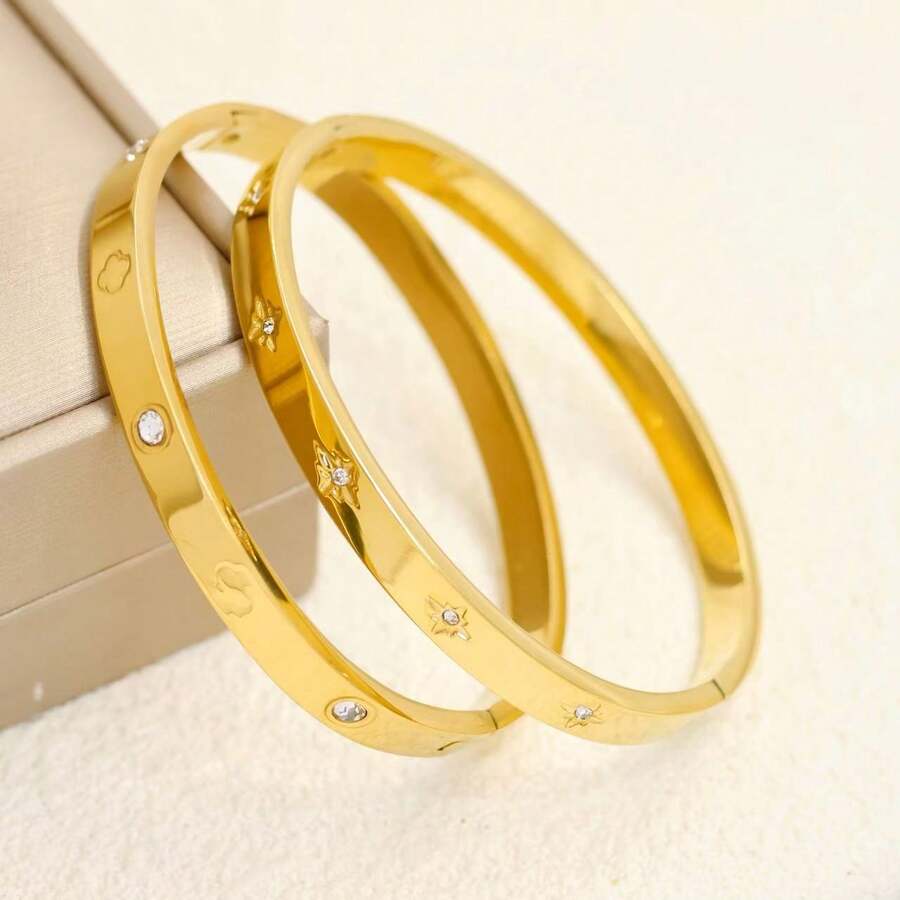 2 Pcs/Set Luxury Fashion Bracelet Set, New Stainless Steel Zirconia Women Bracelet, Octagram Diamond Bracelet, Suitable For Daily Wear Or Gift For Women - Yellow Gold - View 1