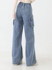 Teen Girl Blue Cargo Pants, Multi-Pocket Casual Loose Long Washed Denim Jeans - Blue - View 7