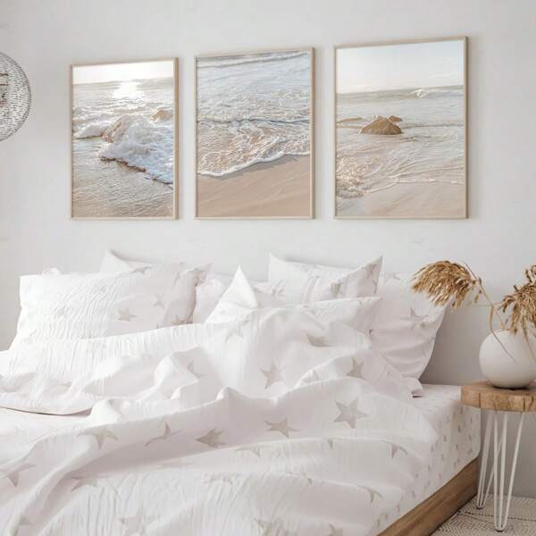 3pcs Boho Neutral Beige Seaside Beach Coastal Scenery Canvas Wall Art Prints, Ocean Poster, Modern Art, Sunset Seaside Print, Natural Scenery Wall Decor, Ideal Gift For Bedroom Living Room Corridor, Wall Art, Summer Decor, Room Decoration, No Frame