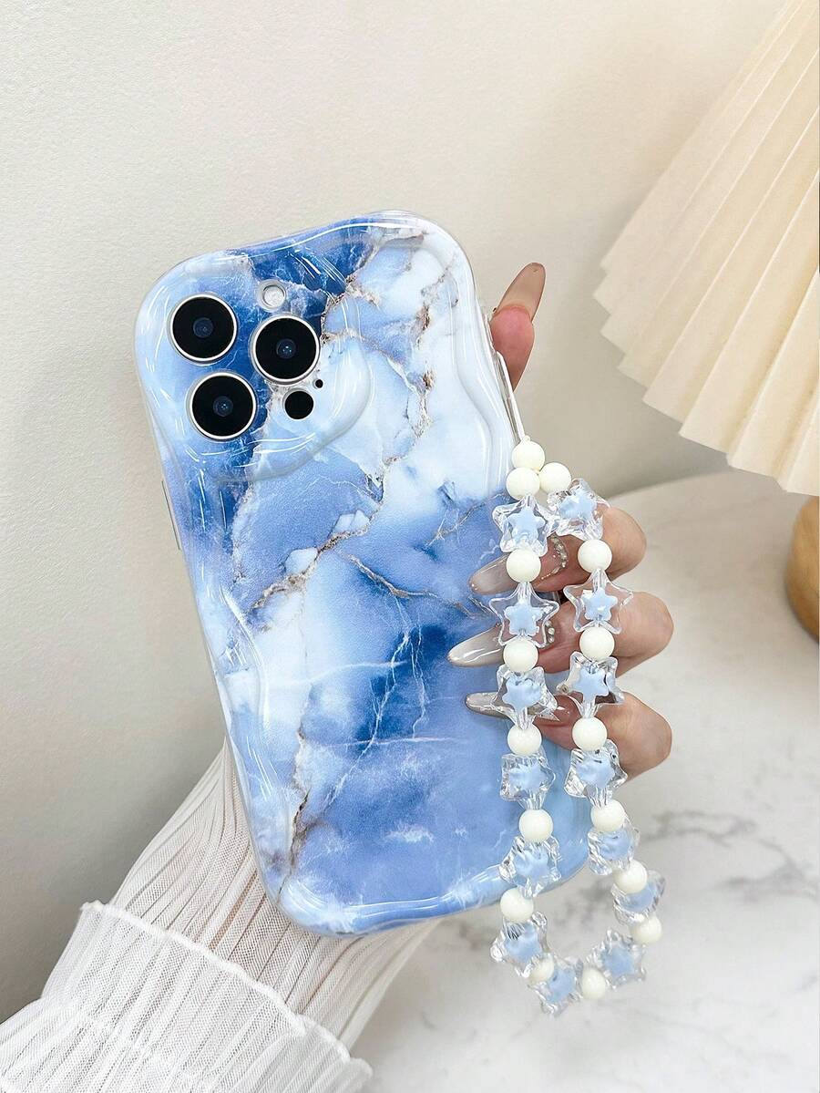 奶油色波浪边亮面蓝色大理石纹彩绘防摔手机壳，配手工串珠手链配件