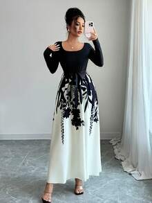 Women's Mixed Color Print Drawstring Round Neck Short/Long Sleeve Dress, Autumn Elegant - Multicolor - View 2