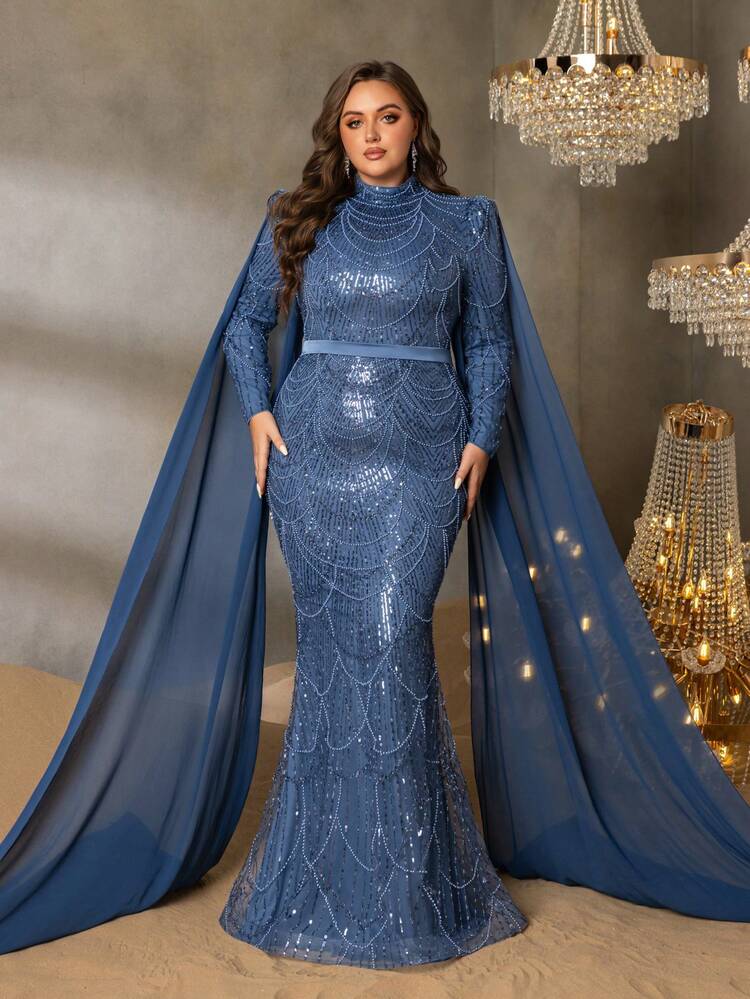 Plus Elegant Long Sleeve Mandarin Collar Evening Gown With Flowing Cape & Mermaid Hem - Formal Dresses For Galas, Red Carpet, Weddings, Evening Soirees Party - Dusty Blue - View 4