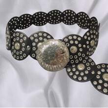 1 buc Curea circulară din PU pentru femei, curea din metal cu lanț, curea din piele strălucitoare, stil boem la modă, potrivită pentru uz zilnic, vara, școala, toamna, Halloween