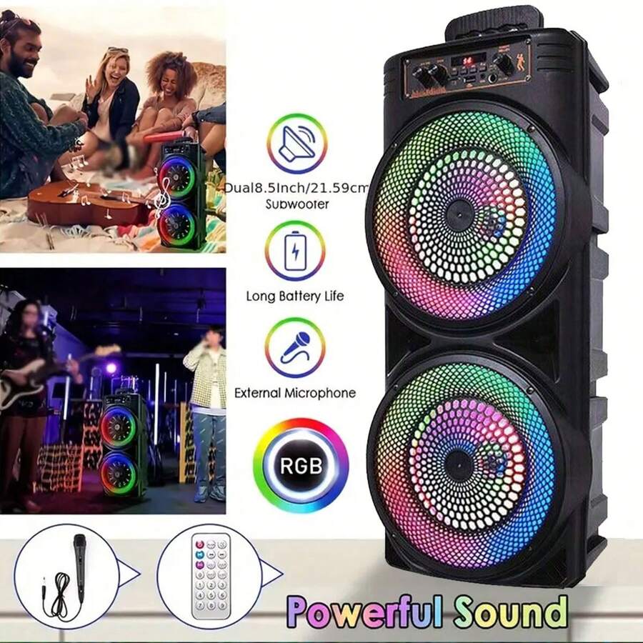 Portable Wireless Dual 8-Inch Speakers With Running Lights, Aperture With Microphone, High-Power Speaker, Outdoor Square Dance Karaoke Subwoofer, Outdoor Wireless Speaker, RGB Party Lighting, USB SD Card Reader, Remote Control - Perfect For Parties, DJs, Weddings, Conferences, Home Outdoor Sports - 升級版+麥克風 - 查看 1