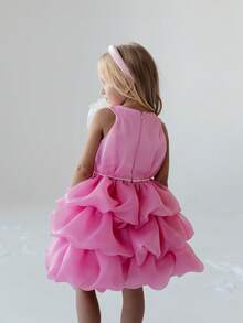Abito elegante da principessa per bambine con sovrapposizione di rete con perline e fiori 3D, contrasto di colori, adatto per compleanni, matrimoni, balli, feste e celebrazioni