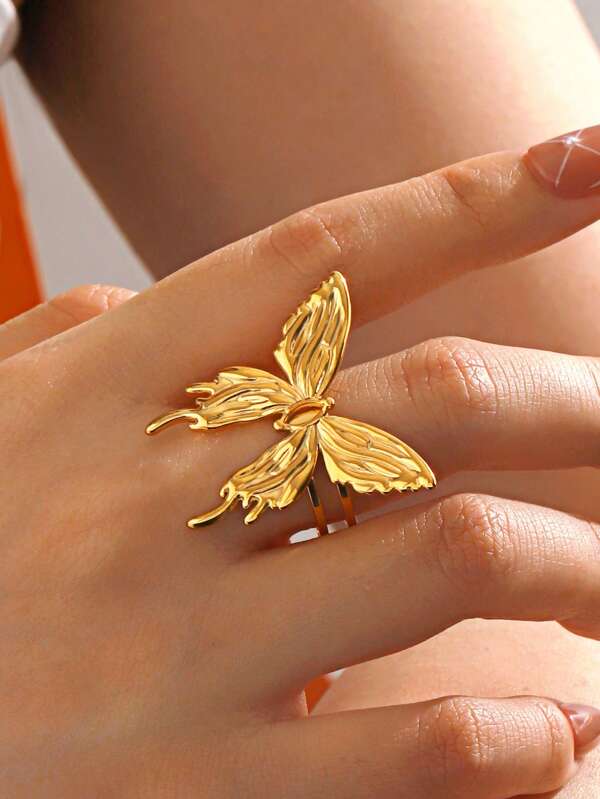 1pc Stainless Steel 18K Gold Plated Butterfly Ring, Suitable For Women's Daily Wear
