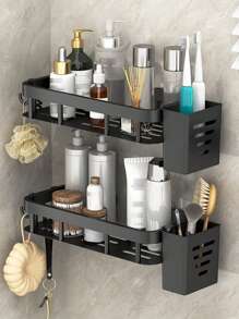 1 pieza, Estantería de almacenamiento para baño montada en la pared, sin necesidad de perforar, cesta de ducha, estantería para ducha, de acero inoxidable, con ventosa, estantería para inodoro, organizador para inodoro