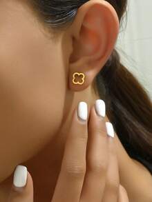 1 par de pendientes tipo botón vintage con trébol y copo de nieve para mujeres, pendientes de cartílago simples y versátiles - Amarillo Oro - Ver 5