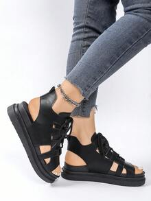 Women's Solid Color Platform Wedge Sandals, Casual Buckle Summer Sandals, Comfortable Open-Toe Sandals, Women's Roman Flat Sandals, Solid Color Open-Toe Criss-Cross Strap Non-Slip Shoes - Black - View 3
