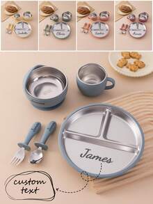 5PCS Personalized Customization Name Children Suction Base Plate Suction Base Bowl Cup Spoon Fork Sets Stainless Steel Silicone Tableware For Children First Stage Utensils Training Self Feeding Cutlery Print On Demand Children Essentials,Multi-Functional,Ornamental,Letter,Stylish,Modern,Colorful,Cute,Adorable,Casual,Custom,Personalised,Unique,Customized,Ideal Gifts For Him,Ideal Gifts For Her,Customized Kids Tableware,Christmas Gift Supplies ,Travel Organizer - Multicolor - View 1