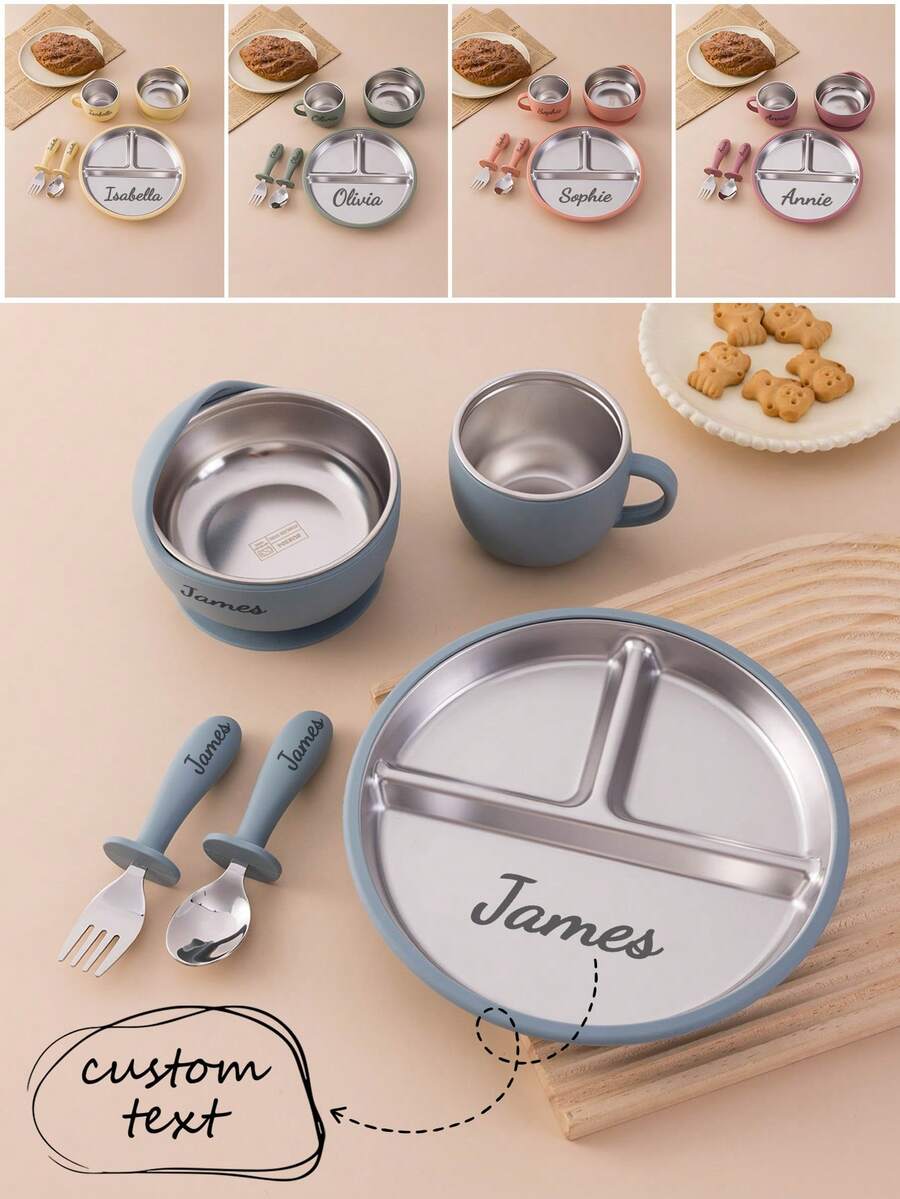5PCS Personalized Customization Name Children Suction Base Plate Suction Base Bowl Cup Spoon Fork Sets Stainless Steel Silicone Tableware For Children First Stage Utensils Training Self Feeding Cutlery Print On Demand Children Essentials,Multi-Functional,Ornamental,Letter,Stylish,Modern,Colorful,Cute,Adorable,Casual,Custom,Personalised,Unique,Customized,Ideal Gifts For Him,Ideal Gifts For Her,Customized Kids Tableware,Christmas Gift Supplies ,Travel Organizer - Multicolor - View 1