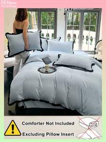 3pcs Set Light Blue Narrow Lace Ornate Boy Girl Student Dorm Beddings Bedroom Duvet Cover & Pillowcase Set, No Filling, Machine Washable Back To School Beddings - Baby Blue - View 4