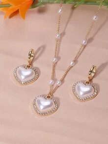 3pcs Set Full Diamond Faux Pearl Heart Design Jewelry Suitable For Daily Wear - Multicolor - View 4